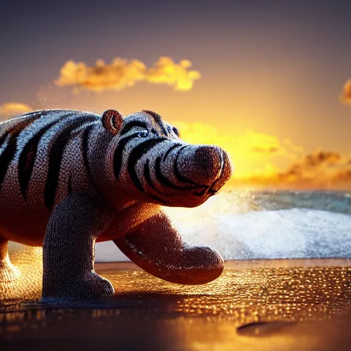 Image similar to a closeup photorealistic photograph of a cute smiling knitted tiger hippopotamus chasing a beachball at sunset. surf in the background. professional capture. this 4 k hd image is trending on artstation, featured on behance, well - rendered, extra crisp, features intricate detail, epic composition and the style of unreal engine.