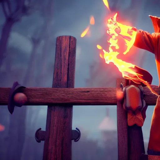 Prompt: A wizard launching a fireball at a wooden gate, 4k, highly detailed, octane render