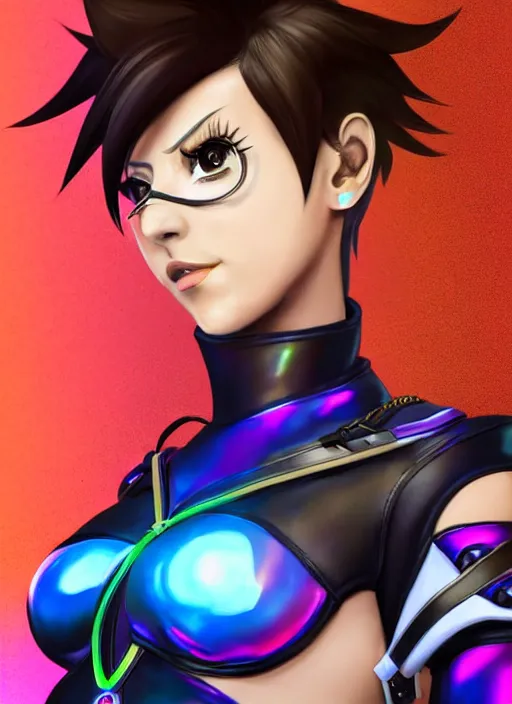 Image similar to full body digital artwork of tracer overwatch, wearing black iridescent rainbow latex, 4 k, expressive happy smug expression, makeup, in style of mark arian, wearing detailed black leather collar, wearing sleek armor, black leather harness, detailed face and eyes,