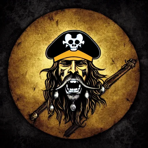 Image similar to a potrait of pirates, king of pirates, gold teeth, crazy hair, wearing armor, flag on his back, 1 6 0 0 century, black beard, one piece, photo realistic, in a circle, nft style, dust, grain, scretch on picture, noise, deep focus, high detail