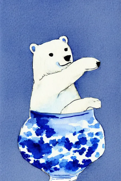 Image similar to a cute anime polar bear in a blue and white porcelain vase, watercolor, white background, lovely