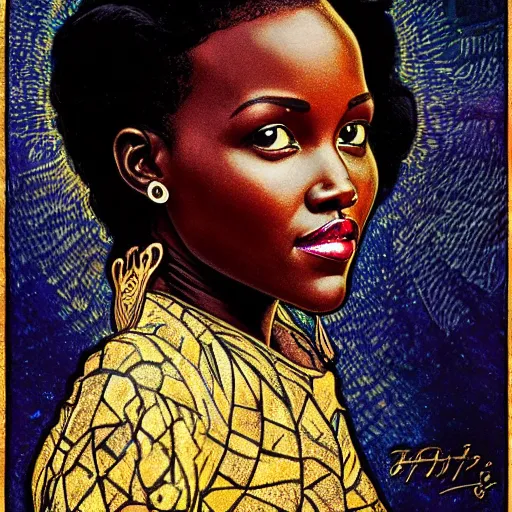 Image similar to lupita nyong'o portrait by louis - theophile hingre and alphonse mucha, realistic, sharp focus, zodiac signs, tarot cards, planets, ethereal, art nouveau, magic, moon, sun, crown, dreamy, royal, jewellery