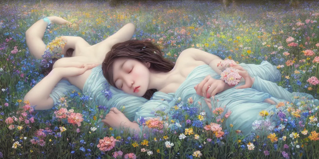 Prompt: breathtaking detailed concept art painting of sleeping in meadow goddess of light blue flowers, orthodox saint, with anxious, piercing eyes, ornate background, amalgamation of leaves and flowers, by Hsiao-Ron Cheng, James jean, Miho Hirano, Hayao Miyazaki, volegov, extremely moody lighting, 8K