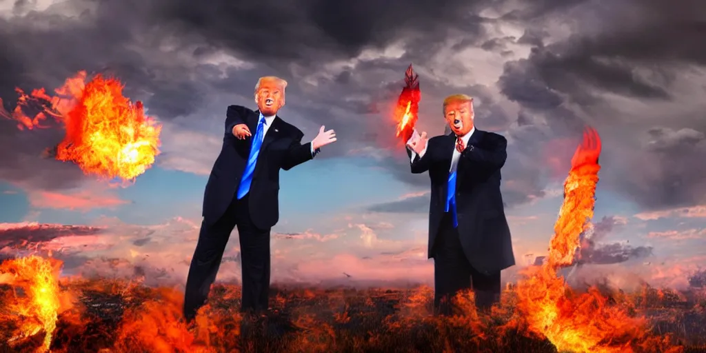 Image similar to donald trump shooting fire from his hands, colorful hd picure, lightning in the background