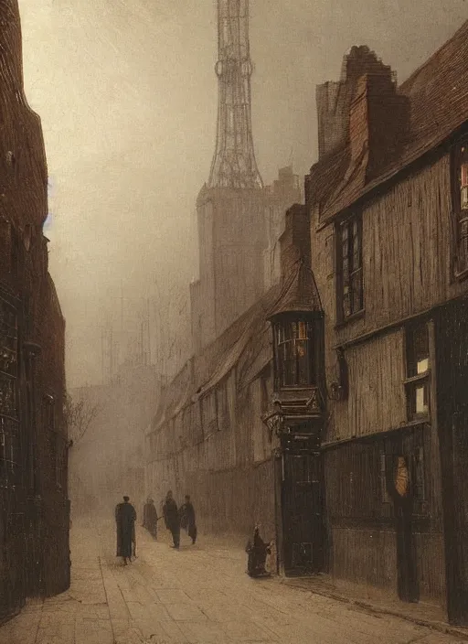 Image similar to 1 9 th century london, dark, shady alleys, pub, pub sign, thick fog, coherent composition, art by caspar david friedrich, thomas lawrence, john martin