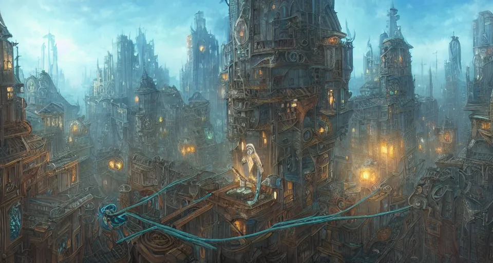 Prompt: landscape painting of fantasy metal steampunk city that has a light blue glow with walkways and lit windows and you can very clearly see a fine detailed hooded thieves in browns leathers climbing one of the tall buildings using a rope, fine details, magali villeneuve, artgerm, rutkowski