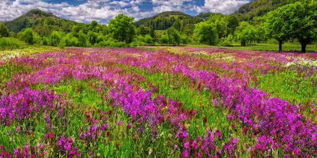 Prompt: flower meadow with lots of blooming trees, beautiful landscape