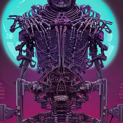 Image similar to portrait of a cybernetic evil undead skeleton sorcerer surrounded by lab equipment, cyberpunk concept art by josan gonzales and moebius and enki bilal and and dan mumford and jean claude meziere and philippe druilleg