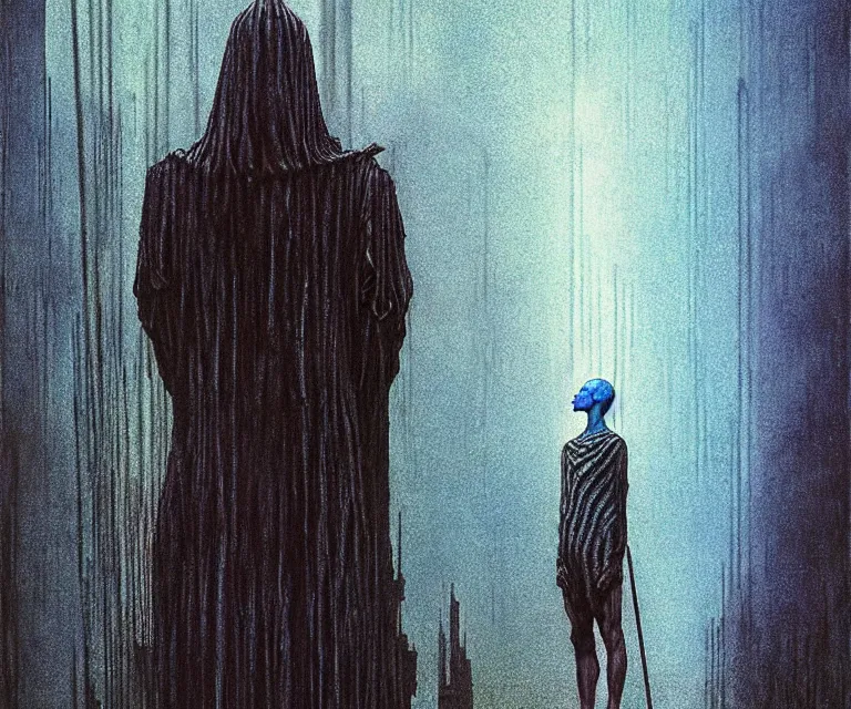 Image similar to tall man consisting of blue translucent shiny material and sparse metallic stripes, standing in ruins in the evening. extremely high details, realistic, fantasy art, solo, masterpiece, art by zdzislaw beksinski, arthur rackham, dariusz zawadzki