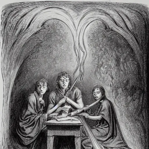 Prompt: harry potter students, by gustave dore and william blake