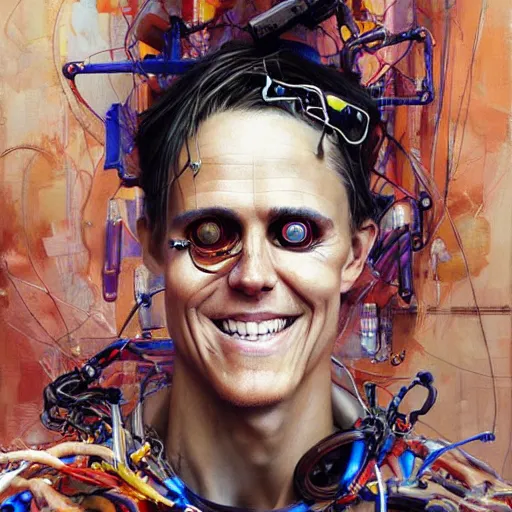 Image similar to zach greinke smiling as a cyberpunk hacker, wires cybernetic implants, in the style of adrian ghenie, esao andrews, jenny saville, surrealism, dark art by james jean, takato yamamoto