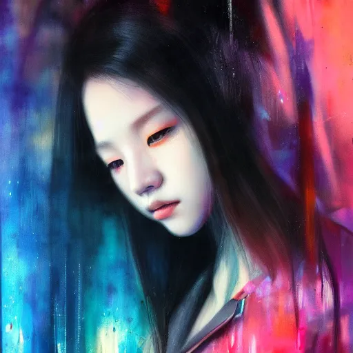 Image similar to jisoo of blackpink, hyperrealistic portrait, bladerunner street, by karol bak and agnes cecile, fantasy art, photo realistic, dynamic lighting, artstation, poster, volumetric lighting, very detailed face, 8 k, award winning