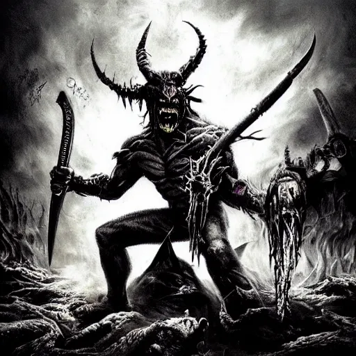 Image similar to big demon with a battle - axe roaring at the screen, heavy metal album cover, demonic, creepy, iron maiden, horror, brutal