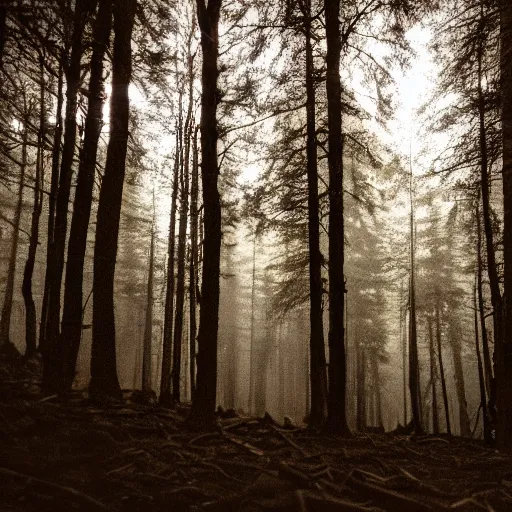 Prompt: deep forest in the night, shooting on the run, blurred, shadow behind the trees, very poor quality of photography, 1/2 second shutter speed