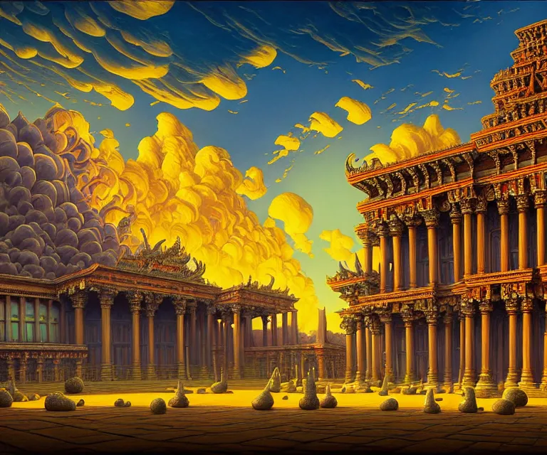 Prompt: hyper detailed 3d render like a Oil painting - ornate temple of the sun, dramatic sky in background, radiant, by Jacek Yerka, Mariusz Lewandowski, Houdini algorithmic generative render, Abstract brush strokes, Masterpiece, Edward Hopper and James Gilleard, Zdzislaw Beksinski, Mark Ryden, Wolfgang Lettl, hints of Yayoi Kasuma, octane render, 8k