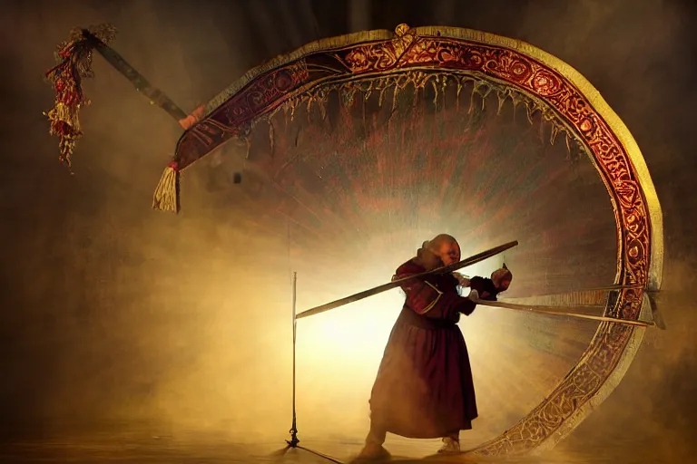 Image similar to festival on a stage, man with scythe, traditional romanian clothing, dramatic lighting, beautiful, volumetric lighting, colorful