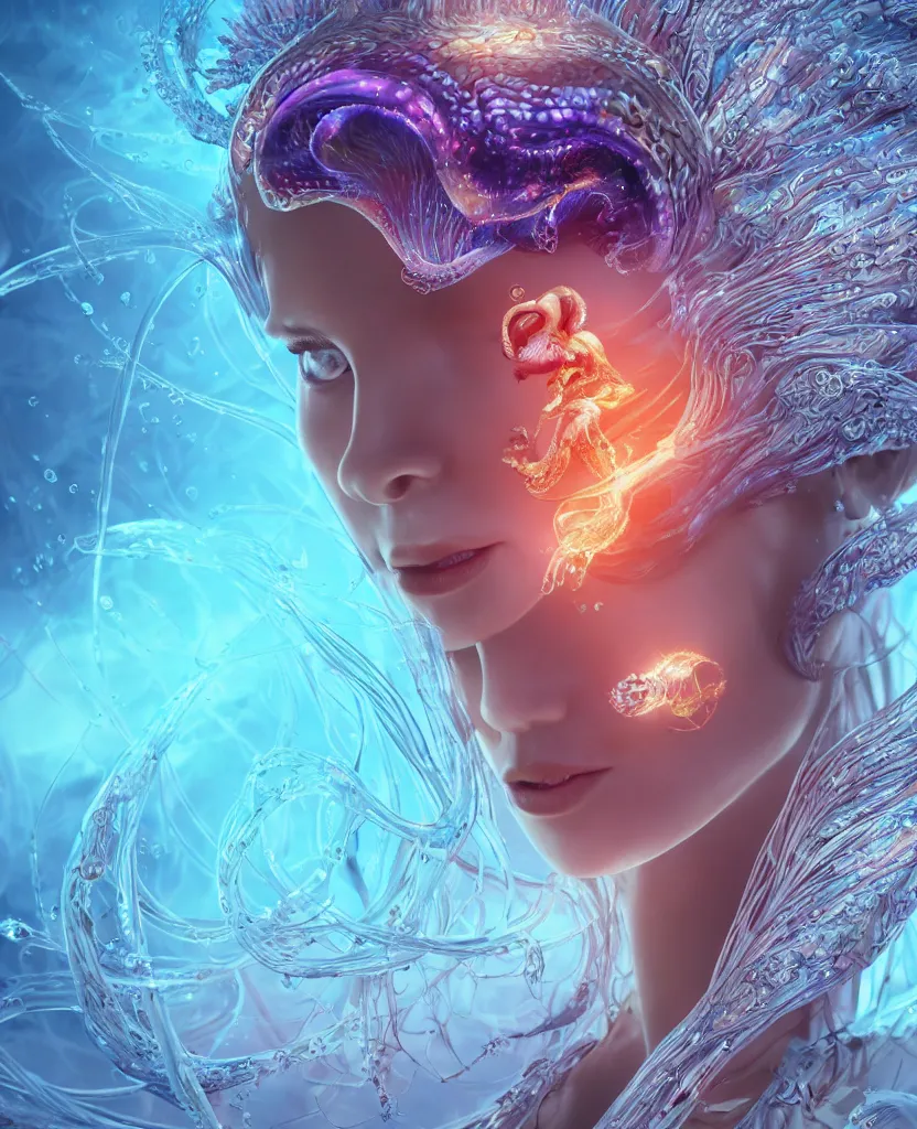 Image similar to close-up macro portrait of the face of a beautiful princess, epic angle and pose, symmetrical artwork, 3d with depth of field, blurred background, cybernetic jellyfish female face skull phoenix bird, translucent, nautilus, energy flows of water and fire. a highly detailed epic cinematic concept art CG render. made in Maya, Blender and Photoshop, octane render, excellent composition, cinematic dystopian brutalist atmosphere, dynamic dramatic cinematic lighting, aesthetic, very inspirational, arthouse. y Greg Rutkowski, Ilya Kuvshinov, WLOP, Stanley Artgerm Lau, Ruan Jia and Fenghua Zhong