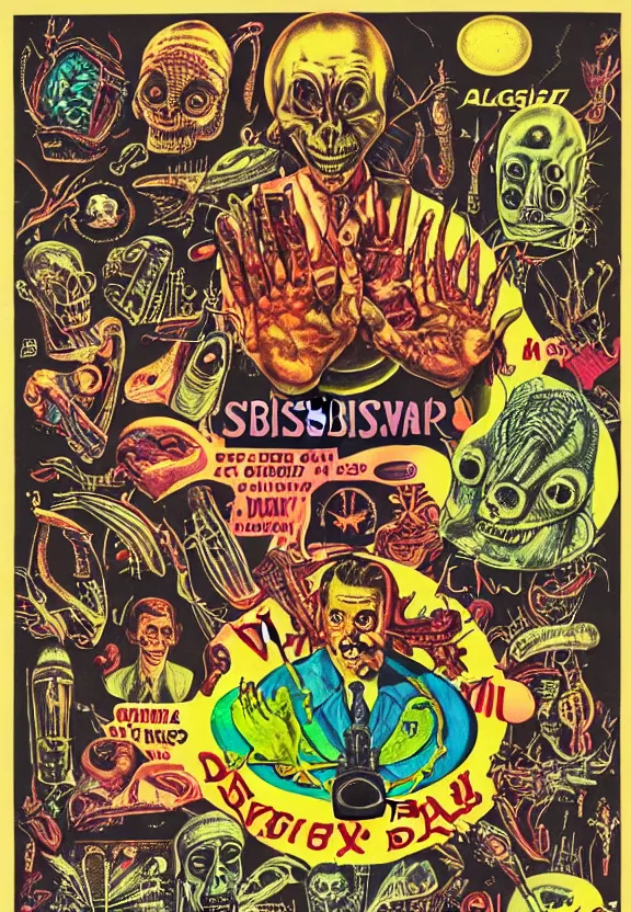 Image similar to subgenius, x - day, aliens, weird stuff, occult stuff, devil stuff, medical diagram, colorful, vintage, stained paper, hyperrealism, stage lighting