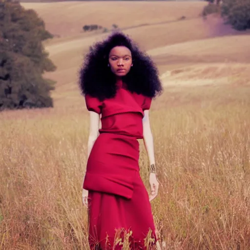 Image similar to realistic!!! photoshoot for a new dior lookbook, color film photography, portrait of a beautiful woman, location on a open field, in style of tyler mitchell, 35mm