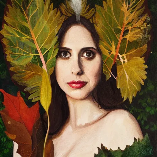 Image similar to Acrylic on canvas long shot of Alison Brie as a wood princess with a leaf dress, low-key lighting, woods background, fairy tale, nature, forest, detailed face, realistic