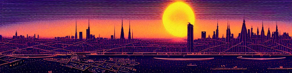 Image similar to A light blue star sinking behind a modern city skyline by Dan Mumford and Dean Ellis and John Atkinson Grimshaw and Anton Fadeev, sunset, purple sky, art nouveau