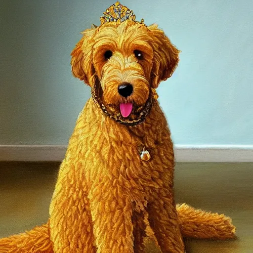 Image similar to portrait of a golden doodle as a queen painting very detailed