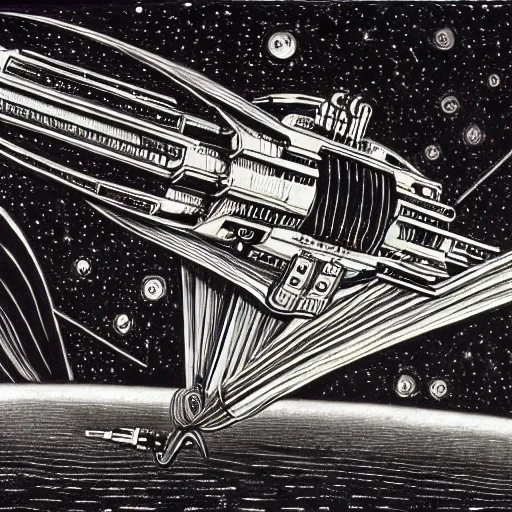 Image similar to atompunk space ship sailing the infinite cosmos, grand scale, raygun gothic style, astrophysics, mathematical drawing, painting by h. r. giger