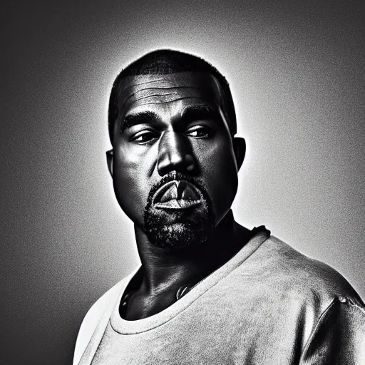 Image similar to the face of old kanye west wearing yeezy clothing at 5 8 years old, portrait by julia cameron, chiaroscuro lighting, shallow depth of field, 8 0 mm, f 1. 8