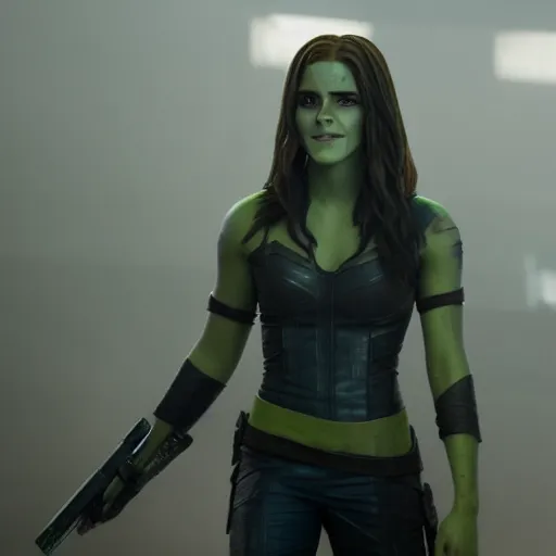 Image similar to Film still of Emma Watson as Gamora, from Guardians of the Galaxy Vol. 2 (2017), full shot