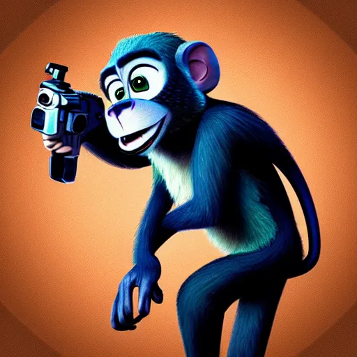 Prompt: “ logo and portrait of a monkey in the style of zootopia holding laser gun, with a black background, digital art, award winning, trending on art station, retro style ”