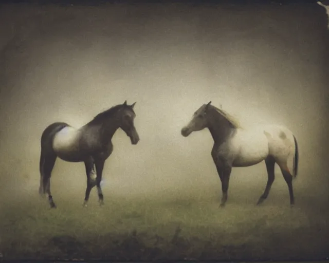 Image similar to a blurry photo of two horses in a field, a cave painting by Richter, deviantart, figurative art, multiple exposure, calotype, genderless