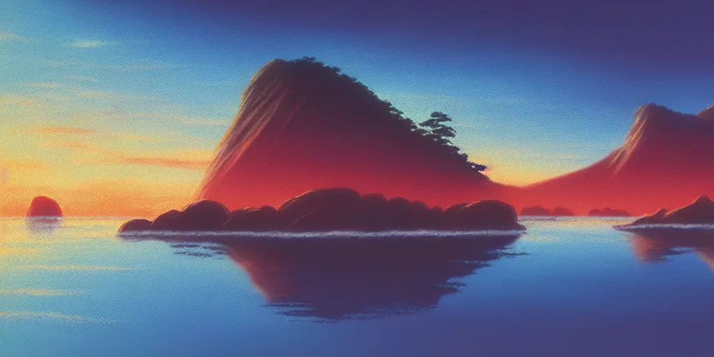 Image similar to a landscape pastel in the style of noriyoshi ohrai and bob ross of rocky islands, dawn. key art. 4 k fantasy