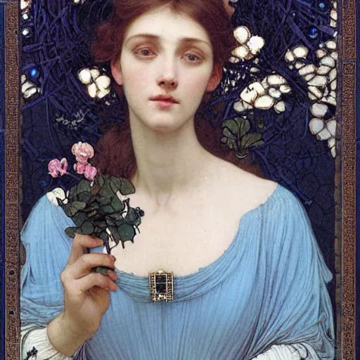Image similar to Symmetric Pre-Raphaelite painting of a beautiful woman with dark hair in a transparent silk light blue dress, surrounded by a halo frame of flowers and a highly detailed mathematical drawings of neural networks and geometry by Doré and Mucha, by John William Waterhouse, Pre-Raphaelite painting