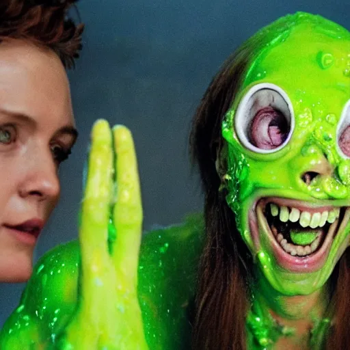 Image similar to big budget body horror movie. Production photograph. Slime.