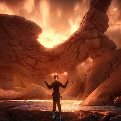 Image similar to comic book scene of an epic portal being exited by a god, cinematic, realistic, beautiful scenery, matte painting, highly detailed, octane render, unreal engine