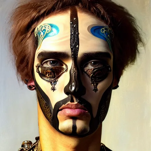 Image similar to an award finning closeup facial portrait by akseli kallen gallela luis rogyo and john howe of a bohemian male cyberpunk traveller clothed in excessively fashionable 8 0 s haute couture fashion and wearing ornate art nouveau body paint