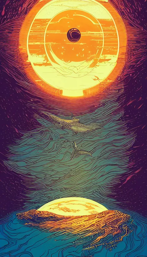 Image similar to sturgeon moon floating on cosmic maelstrom sunset sky, futurism, dan mumford, victo ngai, kilian eng, da vinci, josan gonzalez