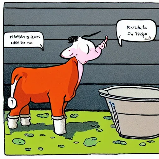 Image similar to a cow points at a bucket, illustrated by gary larson