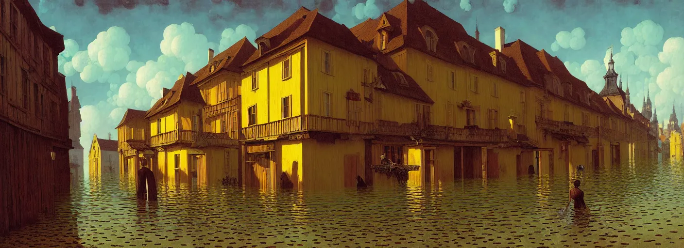 Image similar to flooded old wooden city street, very coherent and colorful high contrast masterpiece by rene magritte simon stalenhag carl spitzweg jim burns, full - length view, dark shadows, sunny day, hard lighting, reference sheet white background