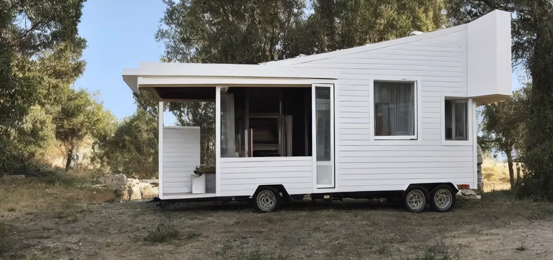 Image similar to greek tiny house on trailer that looks like the parthenon made of marble designed by iktinos and callicrates.