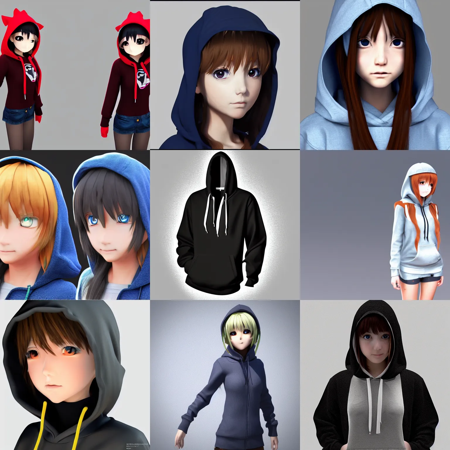 Prompt: anime girl wearing hoodie, 3d model, artstation, sketchfab, renderhub