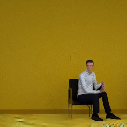 Prompt: 3 d render of jerma 9 8 5, jerma in a liminal space, non - euclidean space, office space, worn mono - yellow wallpaper, old moist carpet, inconsistently - placed fluorescent lighting, high octane, blender, 3 d render