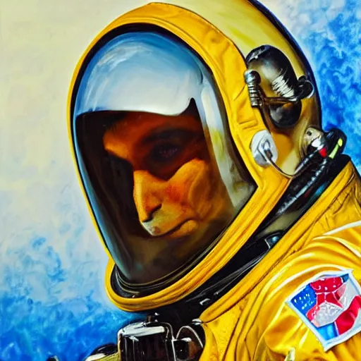 Image similar to oil painting of a big bee face in a astronaut suit with helmet, 35mm, photo, Epic, cinematic, highly detailed and intricate