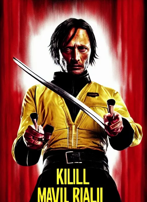 Image similar to movie poster of Mads Mikkelsen in Kill Bill, highly detailed, HD, 4K