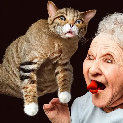 Image similar to an old woman opening her mouth wide and a cat jumping down her throat