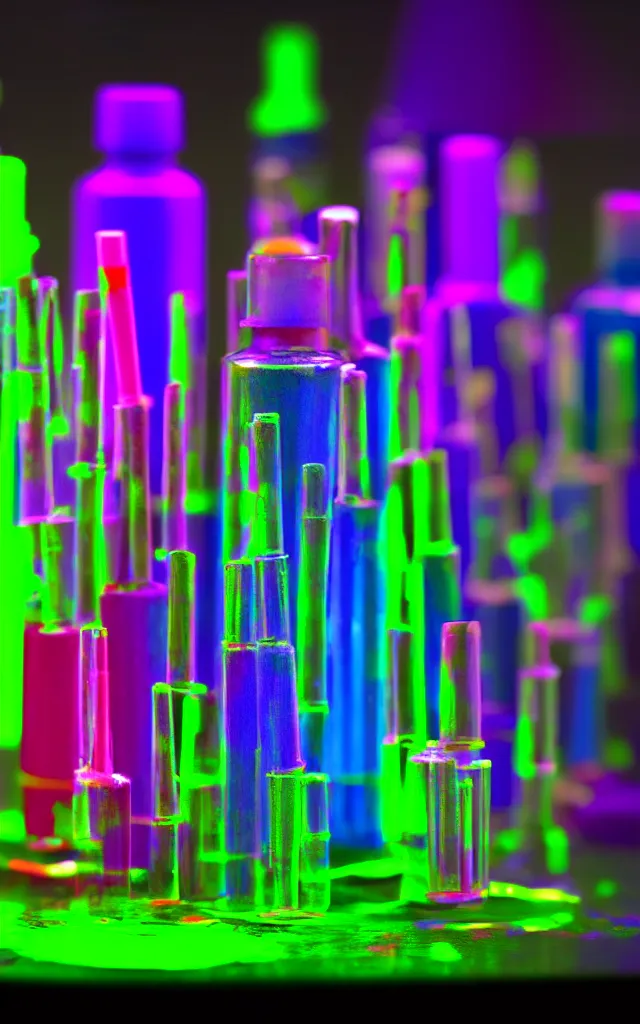 Image similar to a set of paint vials full of fluorescent neon dye on top of a color scientist's lab bench, sci - fi, concept art, in the style of max chroma colorists