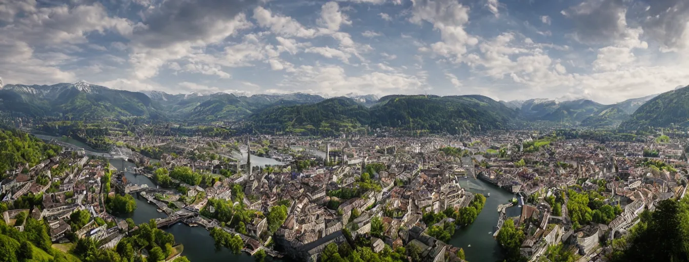 Image similar to Photo of Zurich, looking down the river at the lake and the alps, Hardturm, Grossmünster, wide angle, trees, volumetric light, hyperdetailed, green water, artstation, cgsociety, 8k