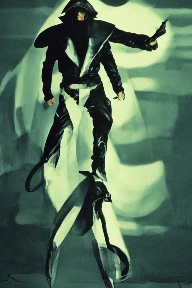 Prompt: character design, portrait, ninja in a glam rocker suit, by syd mead, tim walker, roger deakins, atmospheric neon backdrop, olliphant, symmetry