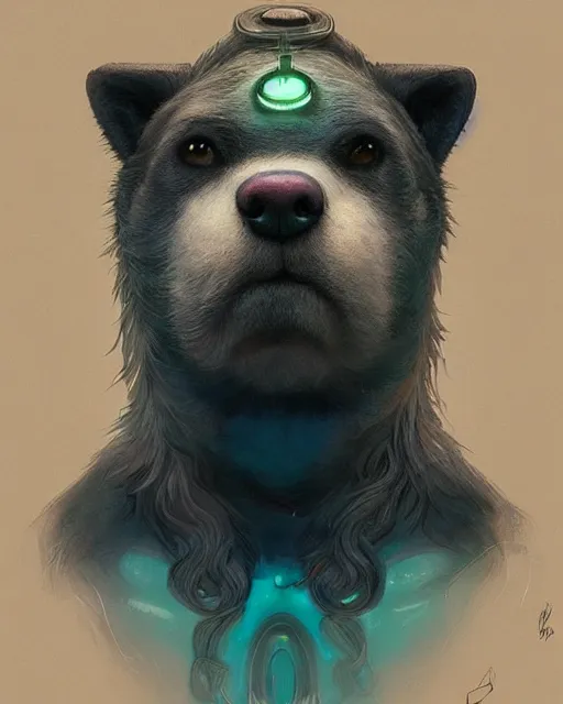 Image similar to one singular portrait of a cute bioluminescent dog-man, highly detailed, digital painting, cinematic, hyper realism, dark retrowave, art by Stanley Lau and Artgerm and magali villeneuve and Alphonse Mucha, artstation, octane render, cgsociety