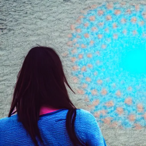 Image similar to a woman facing a blue wormhole on the street, which shows a beach at sunset